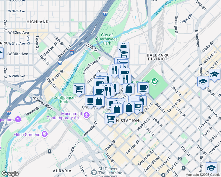 map of restaurants, bars, coffee shops, grocery stores, and more near 1975 18th Street in Denver