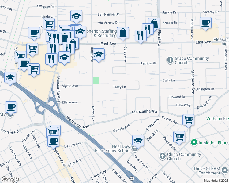 map of restaurants, bars, coffee shops, grocery stores, and more near 2 Trieste Way in Chico