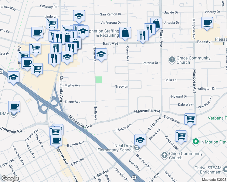 map of restaurants, bars, coffee shops, grocery stores, and more near 2 Trieste Way in Chico