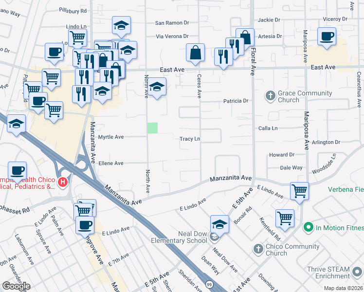 map of restaurants, bars, coffee shops, grocery stores, and more near 1075 Tracy Lane in Chico