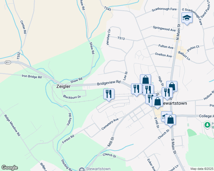 map of restaurants, bars, coffee shops, grocery stores, and more near 4570 Bridgeview Road in Stewartstown