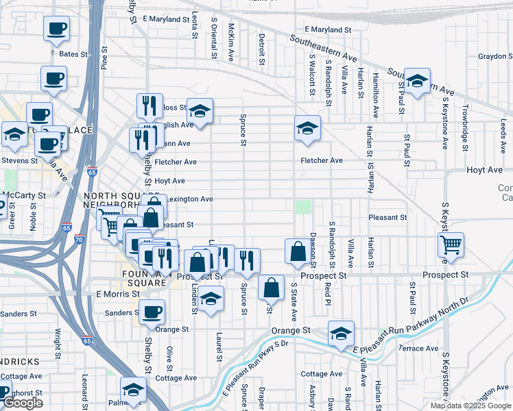 map of restaurants, bars, coffee shops, grocery stores, and more near 1521 Lexington Avenue in Indianapolis