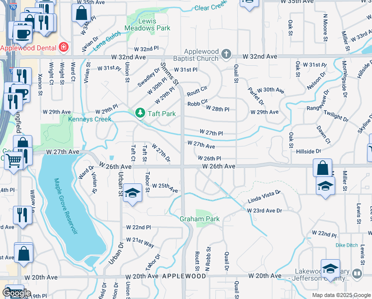 map of restaurants, bars, coffee shops, grocery stores, and more near 11558 West 27th Avenue in Lakewood