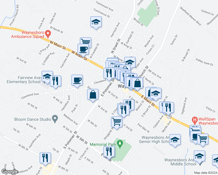 map of restaurants, bars, coffee shops, grocery stores, and more near 41 South Potomac Street in Waynesboro