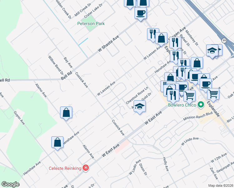 map of restaurants, bars, coffee shops, grocery stores, and more near 25 Northwood Commons Place in Chico
