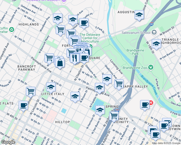map of restaurants, bars, coffee shops, grocery stores, and more near 1412 Delaware Avenue in Wilmington