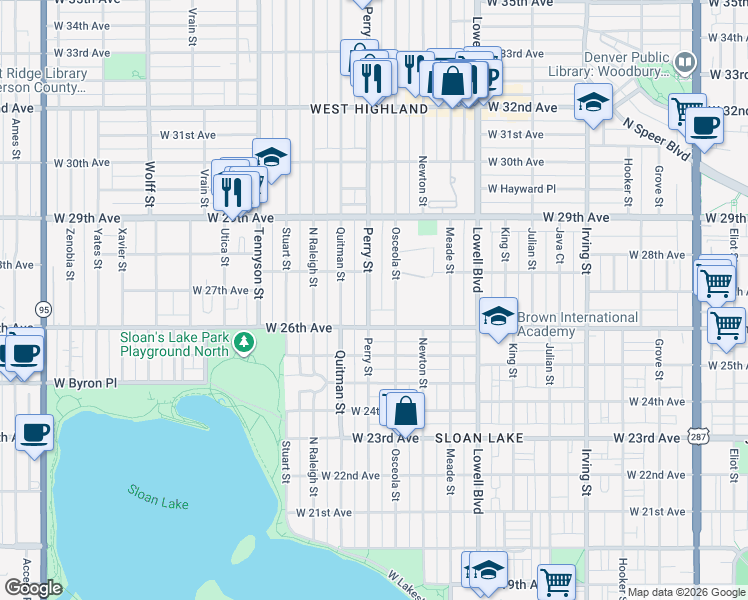 map of restaurants, bars, coffee shops, grocery stores, and more near 2650 Perry Street in Denver