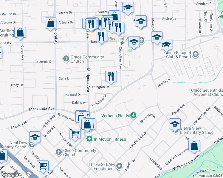 map of restaurants, bars, coffee shops, grocery stores, and more near 1379 Arlington Drive in Chico