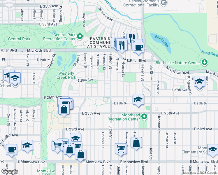 map of restaurants, bars, coffee shops, grocery stores, and more near 2750 Florence Street in Denver