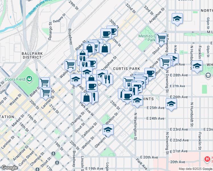map of restaurants, bars, coffee shops, grocery stores, and more near 2575 Champa Street in Denver