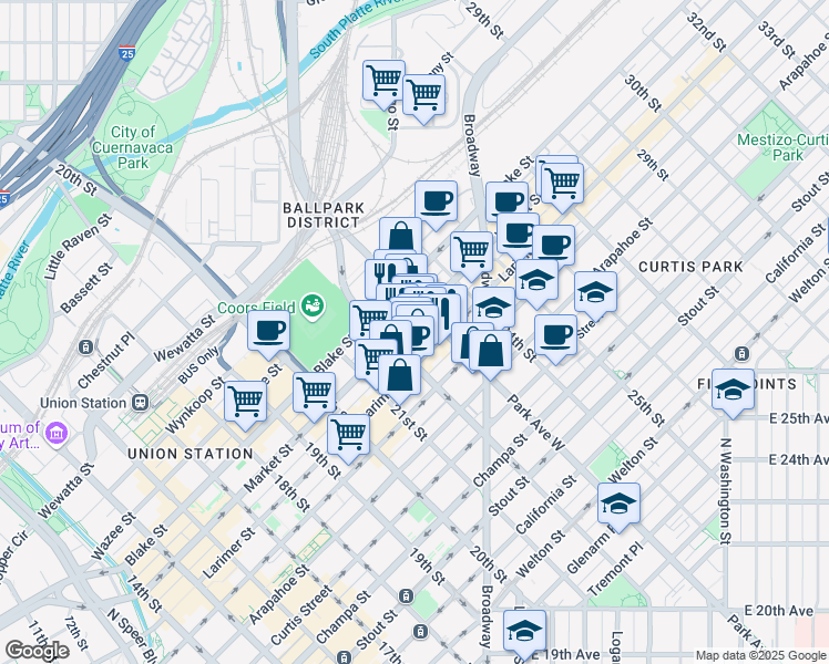 map of restaurants, bars, coffee shops, grocery stores, and more near 2260 Market Street in Denver