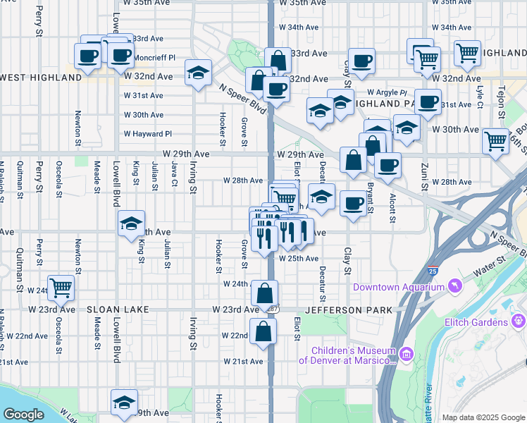 map of restaurants, bars, coffee shops, grocery stores, and more near 2635 Federal Boulevard in Denver