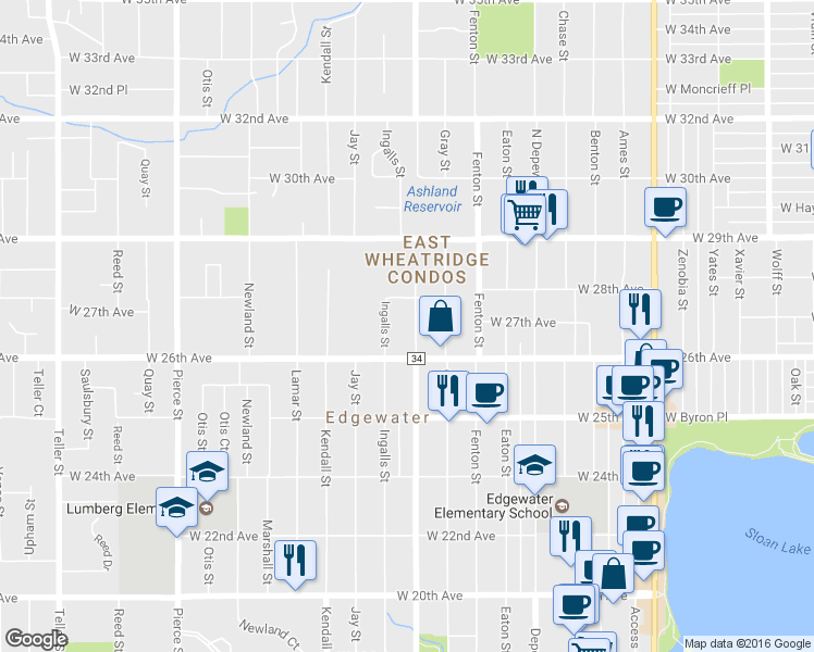 map of restaurants, bars, coffee shops, grocery stores, and more near 2711 North Harlan Street in Wheat Ridge