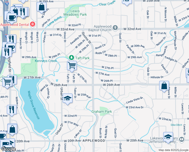 map of restaurants, bars, coffee shops, grocery stores, and more near 11558 West 27th Avenue in Lakewood