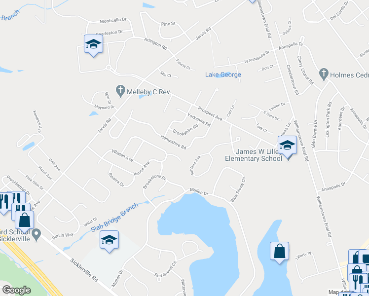 map of restaurants, bars, coffee shops, grocery stores, and more near 84 Hampshire Road in Sicklerville