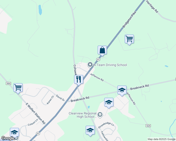 map of restaurants, bars, coffee shops, grocery stores, and more near 242 New Jersey 45 in Mullica Hill