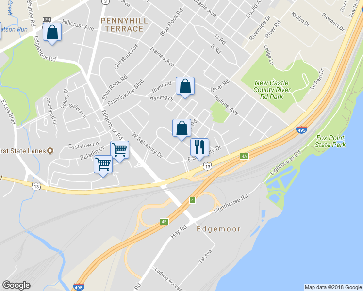 map of restaurants, bars, coffee shops, grocery stores, and more near 12 North Stuyvesant Drive in Wilmington