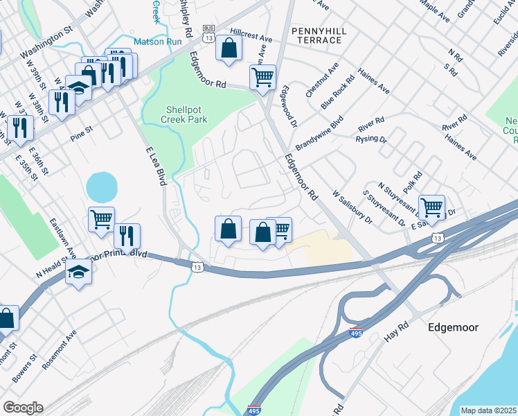 map of restaurants, bars, coffee shops, grocery stores, and more near 3701 Eastview Lane in Wilmington