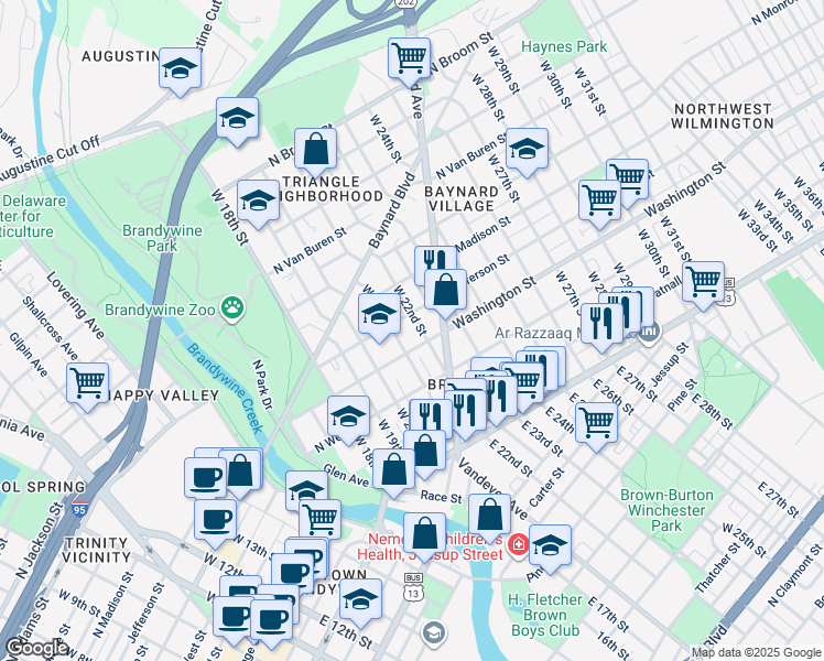 map of restaurants, bars, coffee shops, grocery stores, and more near 2108 North Jefferson Street in Wilmington