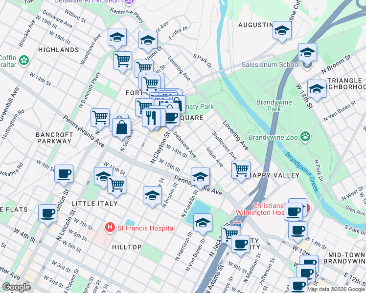 map of restaurants, bars, coffee shops, grocery stores, and more near 1500 Delaware Avenue in Wilmington