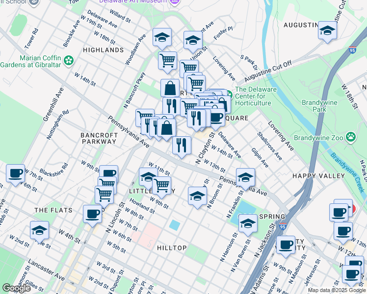 map of restaurants, bars, coffee shops, grocery stores, and more near 1313 North Dupont Street in Wilmington