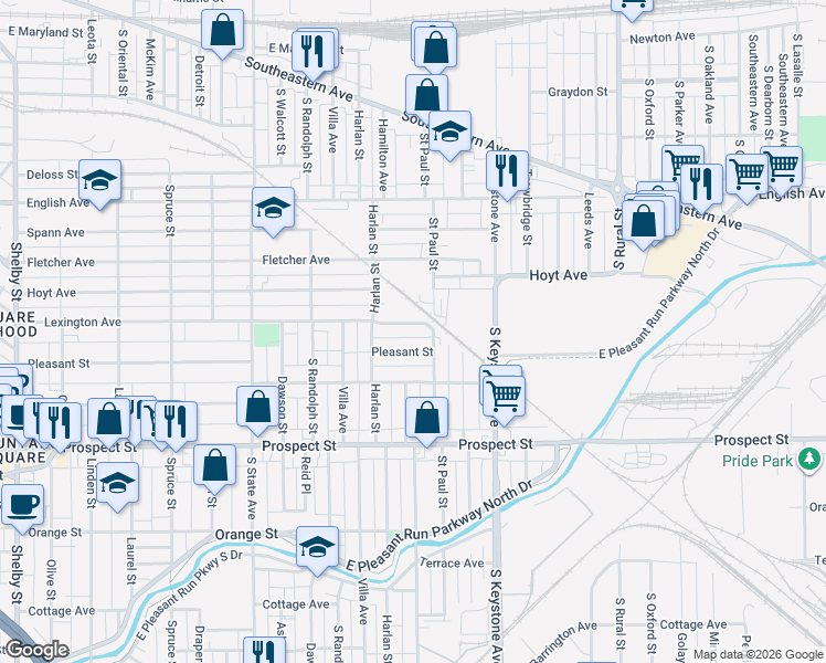 map of restaurants, bars, coffee shops, grocery stores, and more near 2225 Lexington Avenue in Indianapolis