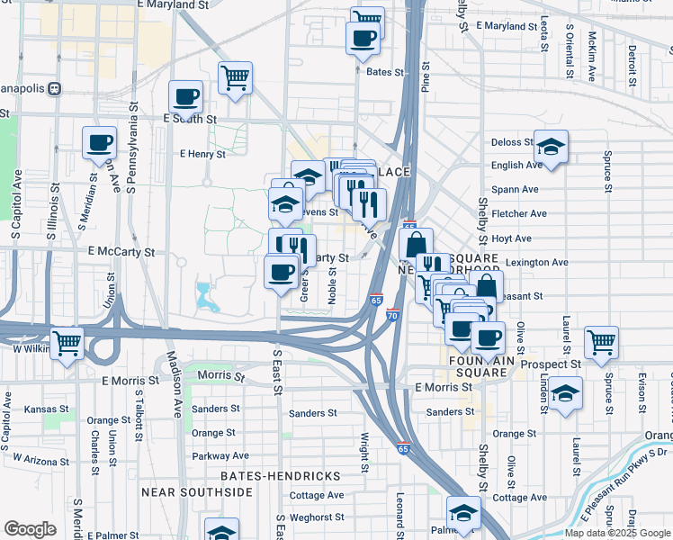 map of restaurants, bars, coffee shops, grocery stores, and more near 719 East McCarty Street in Indianapolis