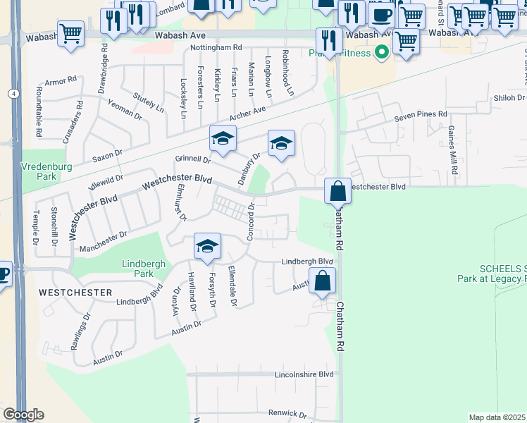 map of restaurants, bars, coffee shops, grocery stores, and more near 2201 Lexington Drive in Springfield