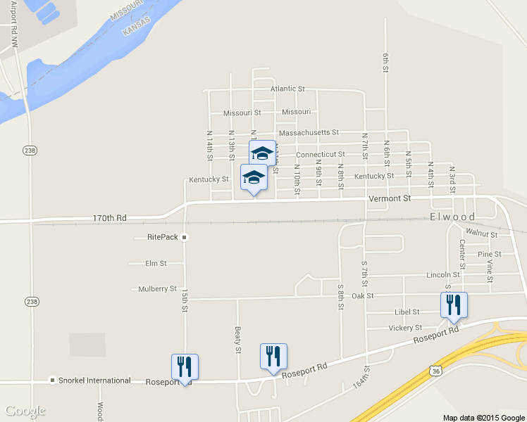 map of restaurants, bars, coffee shops, grocery stores, and more near 1102 Vermont Street in Wathena