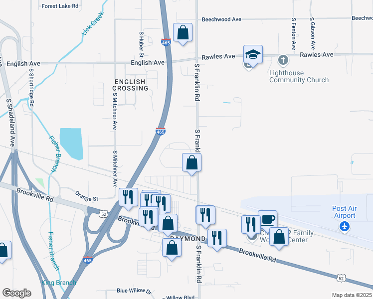map of restaurants, bars, coffee shops, grocery stores, and more near 7912 Palawan Drive in Indianapolis