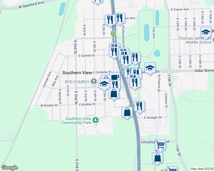 map of restaurants, bars, coffee shops, grocery stores, and more near 501 East Saint Joseph Street in Southern View