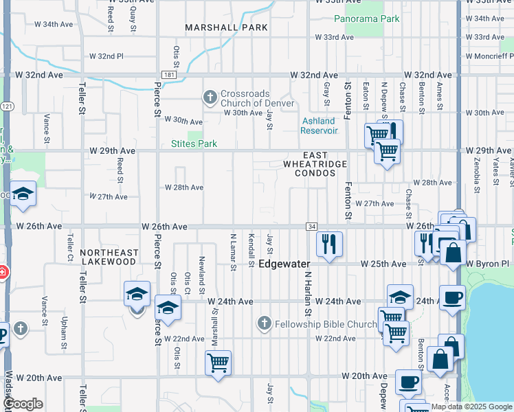 map of restaurants, bars, coffee shops, grocery stores, and more near 2630 Kendall Street in Denver