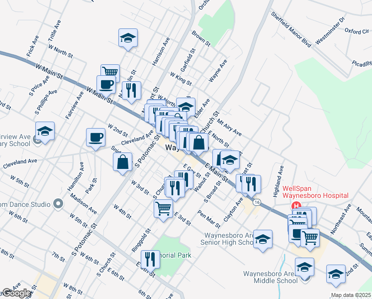map of restaurants, bars, coffee shops, grocery stores, and more near Pennsylvania 16 in Waynesboro