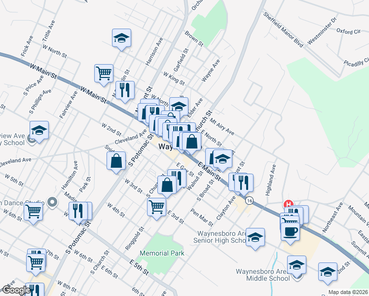 map of restaurants, bars, coffee shops, grocery stores, and more near 1 East Main Street in Waynesboro