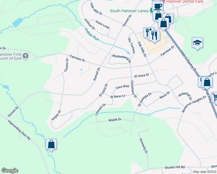map of restaurants, bars, coffee shops, grocery stores, and more near 351 El Vista Drive in Hanover