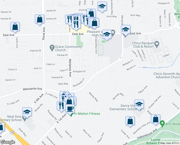 map of restaurants, bars, coffee shops, grocery stores, and more near 1383 Arlington Drive in Chico
