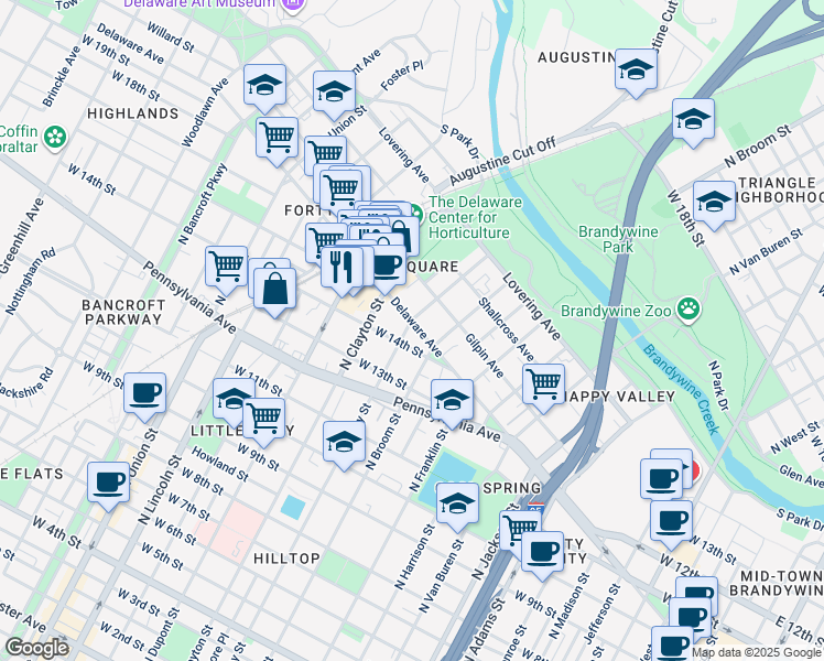 map of restaurants, bars, coffee shops, grocery stores, and more near 1412 Delaware Avenue in Wilmington