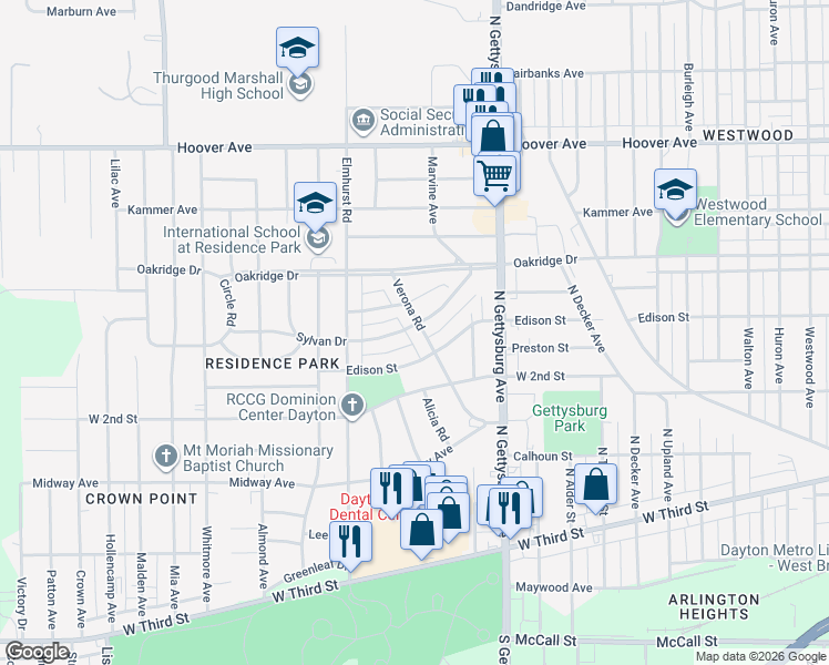 map of restaurants, bars, coffee shops, grocery stores, and more near 4204 Sylvan Drive in Dayton