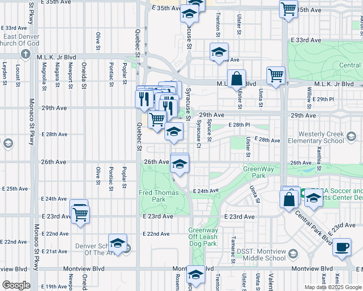 map of restaurants, bars, coffee shops, grocery stores, and more near 7608 East 28th Avenue in Denver