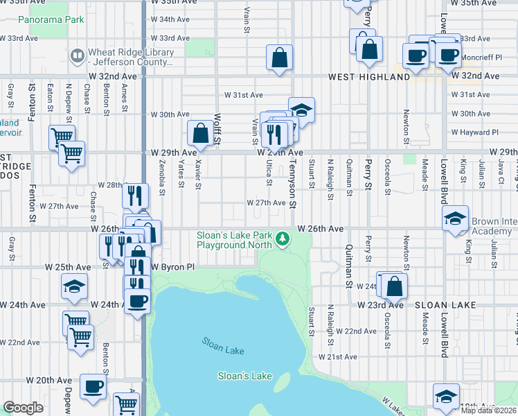 map of restaurants, bars, coffee shops, grocery stores, and more near 2658 Vrain Street in Denver