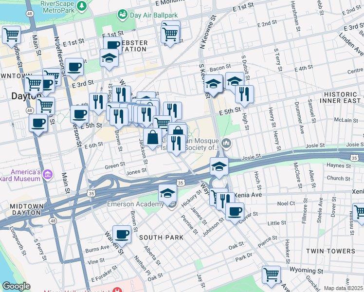 map of restaurants, bars, coffee shops, grocery stores, and more near 419 Bainbridge Street in Dayton