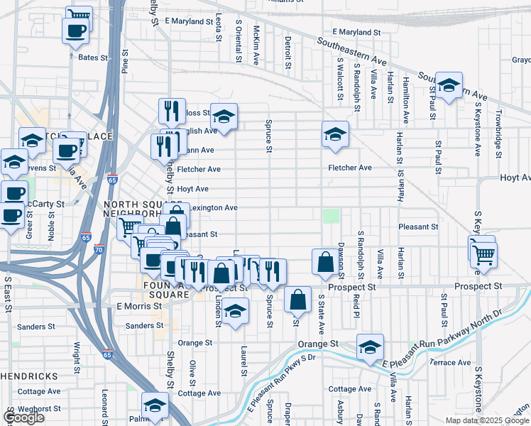 map of restaurants, bars, coffee shops, grocery stores, and more near 1455 Lexington Avenue in Indianapolis