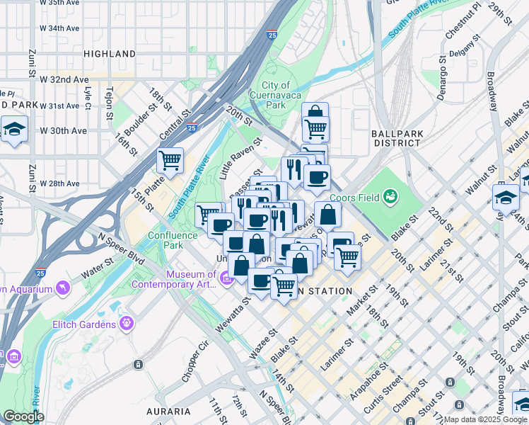 map of restaurants, bars, coffee shops, grocery stores, and more near 1777 Chestnut Place in Denver
