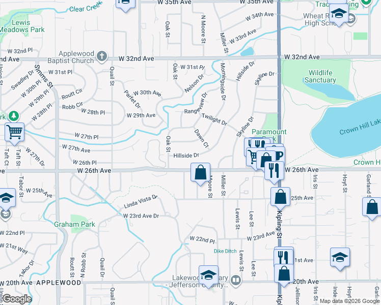 map of restaurants, bars, coffee shops, grocery stores, and more near 9 Hillside Drive in Wheat Ridge
