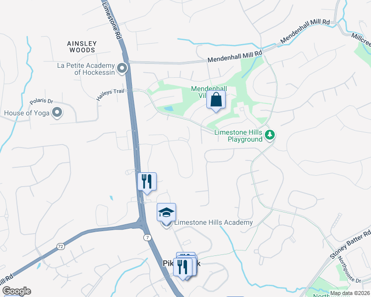 map of restaurants, bars, coffee shops, grocery stores, and more near 345 Wagon Wheel Lane in Hockessin