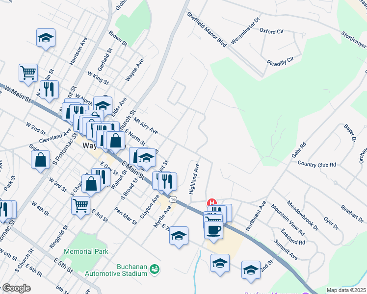 map of restaurants, bars, coffee shops, grocery stores, and more near 221 Mount Airy Avenue in Waynesboro
