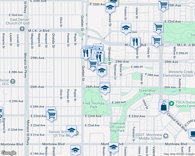 map of restaurants, bars, coffee shops, grocery stores, and more near 7484 East 28th Avenue in Denver