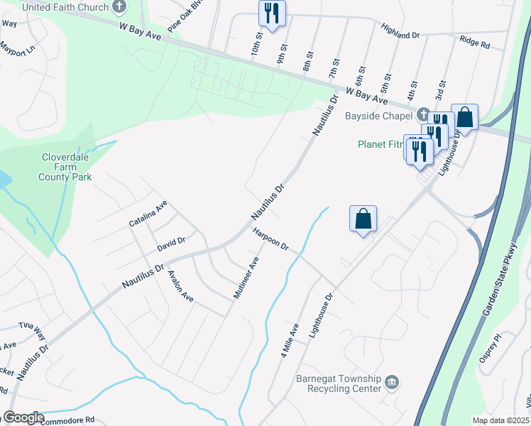 map of restaurants, bars, coffee shops, grocery stores, and more near 62 Nautilus Drive in Barnegat Township