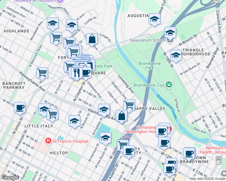 map of restaurants, bars, coffee shops, grocery stores, and more near 1604 North Broom Street in Wilmington