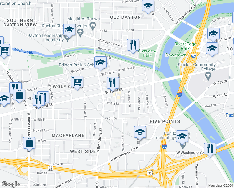 map of restaurants, bars, coffee shops, grocery stores, and more near 16 South Williams Street in Dayton